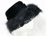Dramatic Black 1950s Hat - Marabou Feathers & Black Velvet Evening Millinery - Satin Leaves - 50s 60s Saucer Brim - Miss Nina New York