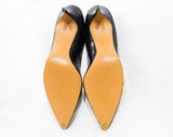 Size 9 1950s Stiletto Shoes - Unworn Deadstock 50s 60s Black & Mocha High Heels - Chic Leather Pumps with Geometric Mod Detail - 9AA Narrow