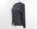Size 6 Gold Star Blouse - Celestial 1980s Designer Small Long Sleeve Shirt - Gloria Sachs - Navy Blue Sheer Chiffon & Metallic - Bust 34