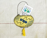 Asian Lanterns Tablecloth - 40s 50s Eastern Garden Origami Lights Embroidery on Square Linen Bridge Table Cloth - Yellow White Blue Pockets