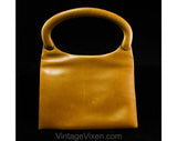 60s Haute Italian Mod Leather Handbag - Caramel Tan Purse with Modernist Brass Buckle - 1960s Brown Bag with Molded Handle - Made in Italy