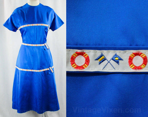 Size 8 Nautical 1950s Cocktail Dress - Cobalt Blue Taffeta - Iridescent - Novelty Ribbon - 50s Swing Style - Full Skirt - Waist 27 - 42922