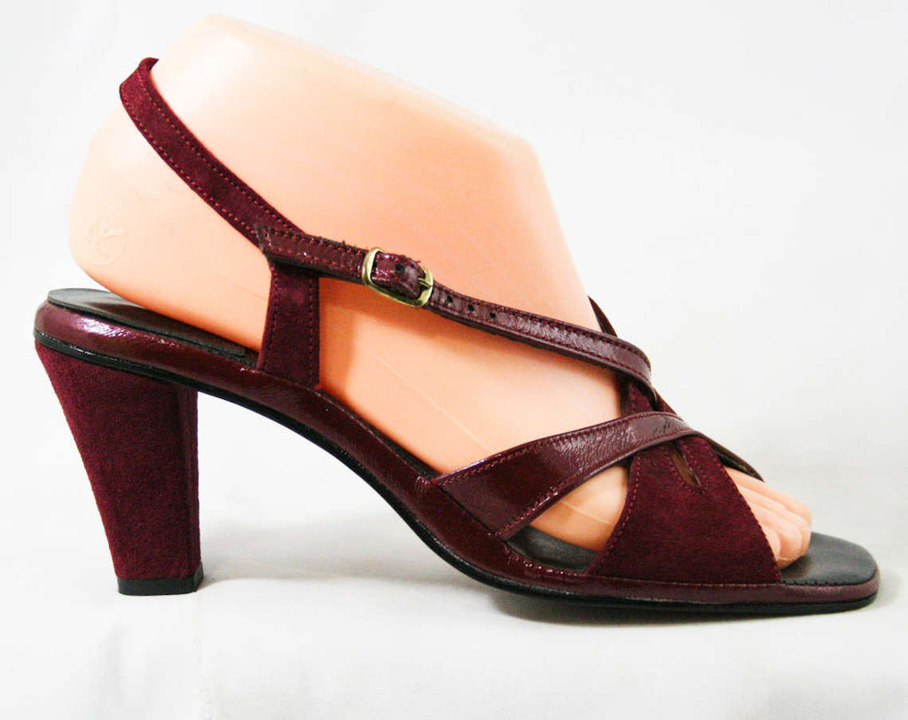 Size 7 Deco Style 70s Sandals - Two Tone Metallic Burgundy Purple Red & Suede 1970s Shoes - Deadstock - Peep Toe - Flapper Style - 43207-1
