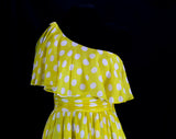 Size 4 Cocktail Mini Dress - Fabulous 1960s Yellow Polka Dot Silk Chiffon Party - One Bare Shoulder - Designer Fred Perlberg - Waist 25