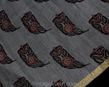 Indian Sari Fabric - 1950s 60s Paisley Block Print Cotton - Gray Terracotta Orange Black - Metallic Gold Border - Knotted Fringe - Yardage