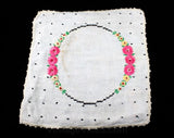 1920s Tea for Two - Hand Embroidered Tea Caddy Place Mat & Two Teacup Saucer Squares - Pink Daisies and Black Embroidery Polka Dots on Linen