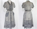 Size 6 1940s Dress - Sheer Nylon Summer Frock - Late 40s Early 50s Short Sleeve - Navy Blue & White Fish Scales Novelty Print - Waist 26
