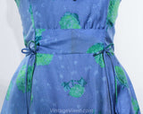 Size 4 Sun Dress - Blue & Green Silk 50s Summer Frock - 1950s Girl Next Door - Hydrangea Floral Polka Dot Scarf Silk with Corsage - Bust 33