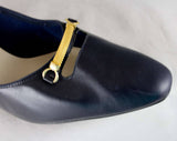 Size 8 Navy Shoes - 1950s 1960s Dark Blue Heels by Cotillion - 60s Unworn Deadstock - Leather & Metal Buckle Bit Trim - Wide Width - 47112-2
