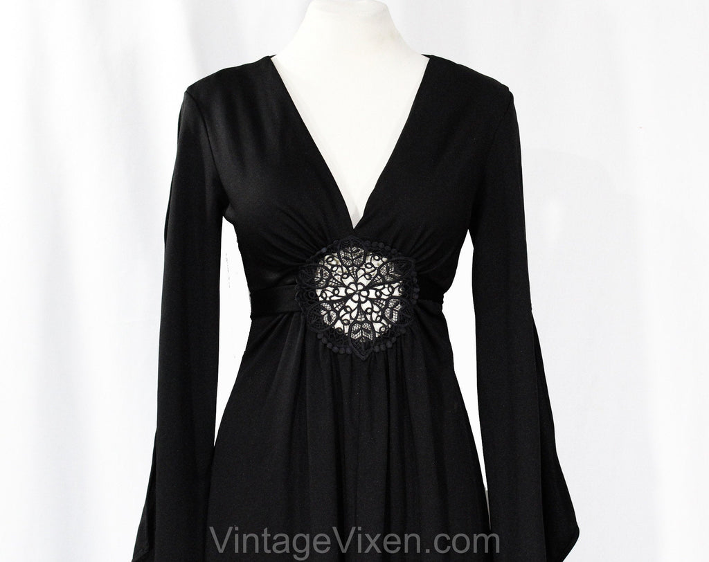 Size 6 Hippie Black Dress - Bohemian 70s Polyester Knit with Peek A Bo Vintage Vixen Clothing Size 6 Hippie Black Dress - Bohemian 70s Polyester Knit with Peek A Bo Vintage Vixen Clothing