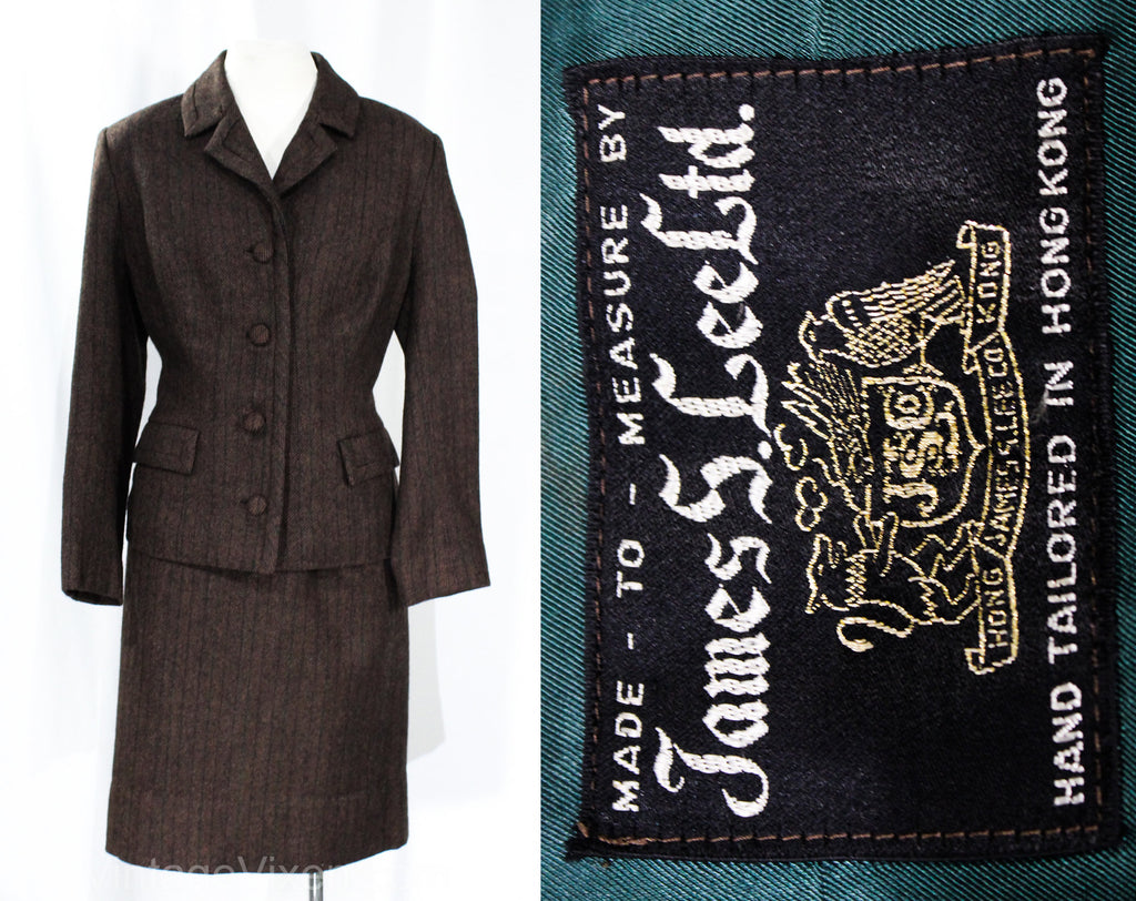 Size 8 50s Tweed Suit - Dark Brown Pinstriped 1950s 60s Tailored Jacket & Skirt - Gorgeous Forest Green Stripe and Satin Lining - Waist 27