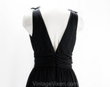 Size 8 Black Party Dress with Full Circle Skirt - Black Jersey Knit Cocktail by Designer Charles Glueck - Plunge Neck Evening Glam - Bust 38