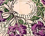 1940s Easter Bonnet Rayon Scarf - 40s Purple & Pink Roses Hat Novelty Print - Spring Lily of the Valley - Ribbons Bows - Rectangular - 49655