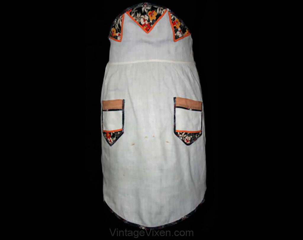 Wonderful 1930s Deco Apron with Wedge Appliques - Medium 30s Half Apron - Size 10 to 12 - Arched Waistband - Waist 28 to 30 - 30446-1