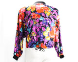 1990s Colorful Club Jacket - Size 14 Bright Floral Zip Front Street Jacket - Red Pink Blue Purple Black Splashy Sequined Rayon - Bust 42