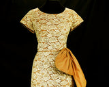 Size 8 Short Sleeve 50s Lace Dress - Elegant 1950s Mid Century Fitted Cocktail - Beige Floral & Toffee Brown Silk Organza Swag - Waist 27