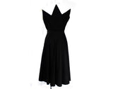 Size 10 1950s Wrap Dress - Terrific Black Corduroy Swing Era 50s Full Skirted Frock with White Rhinestone Lapel - Fit & Flare - Waist 28
