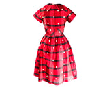 Size 6 1950s Dress - Red Polka Dot Plaid Summer Frock - Fitted Bodice & Full Skirt - 50s Black Tartan Silk Blend Dress - NWT - Waist 26