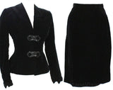 Size 6 1940s Suit - Black Velvet 40s Tailored Jacket & Skirt - Gorgeous WWII Era Victorian Evening Look - Jet Black Beadwork - Waist 25.5