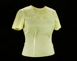 Size 10 Nylon Blouse - 1950s Short Sleeved Secretary Style Top with Soutache Hearts & Swags - Butter Cream Tricot Medium 50s Top - Bust 38