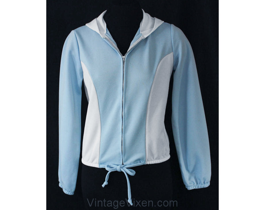 Small 1970s Casual Jacket with Hood - Size 6 Sky Blue & White Two-Tone Zip Front Hoodie - Roller Derby - Lightweight 70s Hooded - Bust 34.5