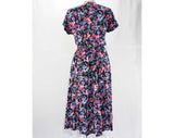 Size 8 Retro Dress - 1930s Inspired Floral Full Skirted Dress - Black Pink Purple Blue Emerald Green - 1990s Era Short Sleeve - Waist 25-29