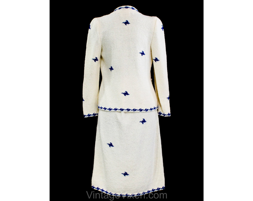 Size 8 1930s Style Knit Suit - 1980s Ivory & Cobalt Blue Houndstooth C –  Vintage Vixen Clothing