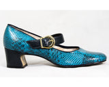 Size 6 Turquoise Shoes - Mod 1960s Faux Snake Skin Pumps with Navy Blue Strap - Terrific Teal Snakeskin Vinyl - 6B - 60s NOS Deadstock