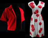Size 8 Flirty 1970s Summer Dress & Jacket - Tropical Pink Flowers - Pretty Floral Cotton Blend - 70s Does 40s - Bust 35 - 42855