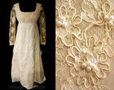 Size 8 Wedding Dress - Grand 1960s Net & Satin Empire Bridal Gown with Twining Pearl Beadwork - Regency Style - Unworn - Bust 35 - 36360-1