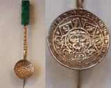 40s Aztec Sterling Silver Spoon Lapel Pin with Jade Detail - 1940s Artisan Brooch - Mexican Stick Pin - Mexico - Central America - 36473