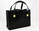 1950s Black Leather Bag - Very Fine Quality Patent Leather Purse - Pristine Mint Condition Unworn - 50s Handbag with Brass Disks - 2 Handles