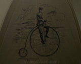 Penny Farthing Bicycle Novelty Print Umbrella - Kitsch 1960s Steampunk Army Green & Black Cotton Canvas - Bamboo - Gnarled Handle from Italy