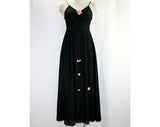 Size 4 Black Dress - Jersey & Pink Flowers 70s Strappy Dress - Spring - Summer - Winsome - Coral - Ankle Length - Small Long Dress - 41689
