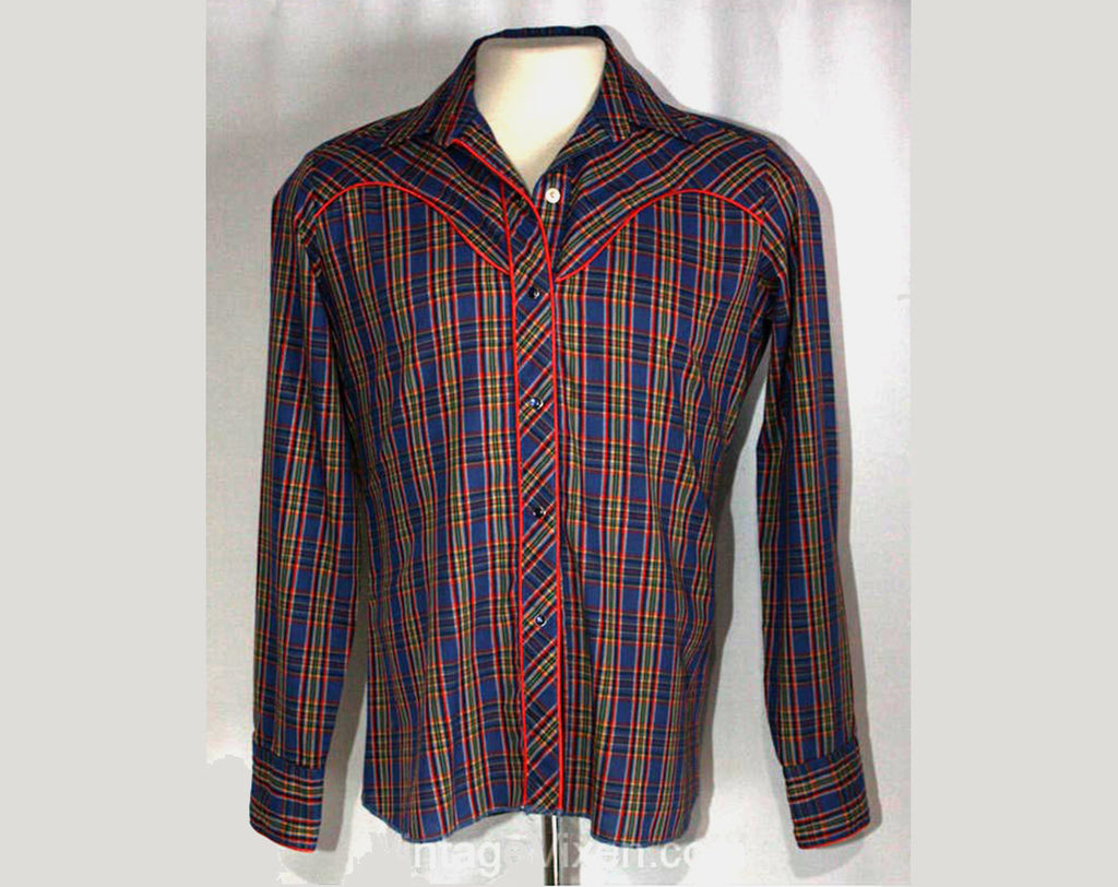 Men's Small Western Shirt - XS 1980s Cowboy Shirt - Blue Plaid Mens Rockabilly Shirt with Red Satin Detail - Teen Size - Chest 36 - 35780