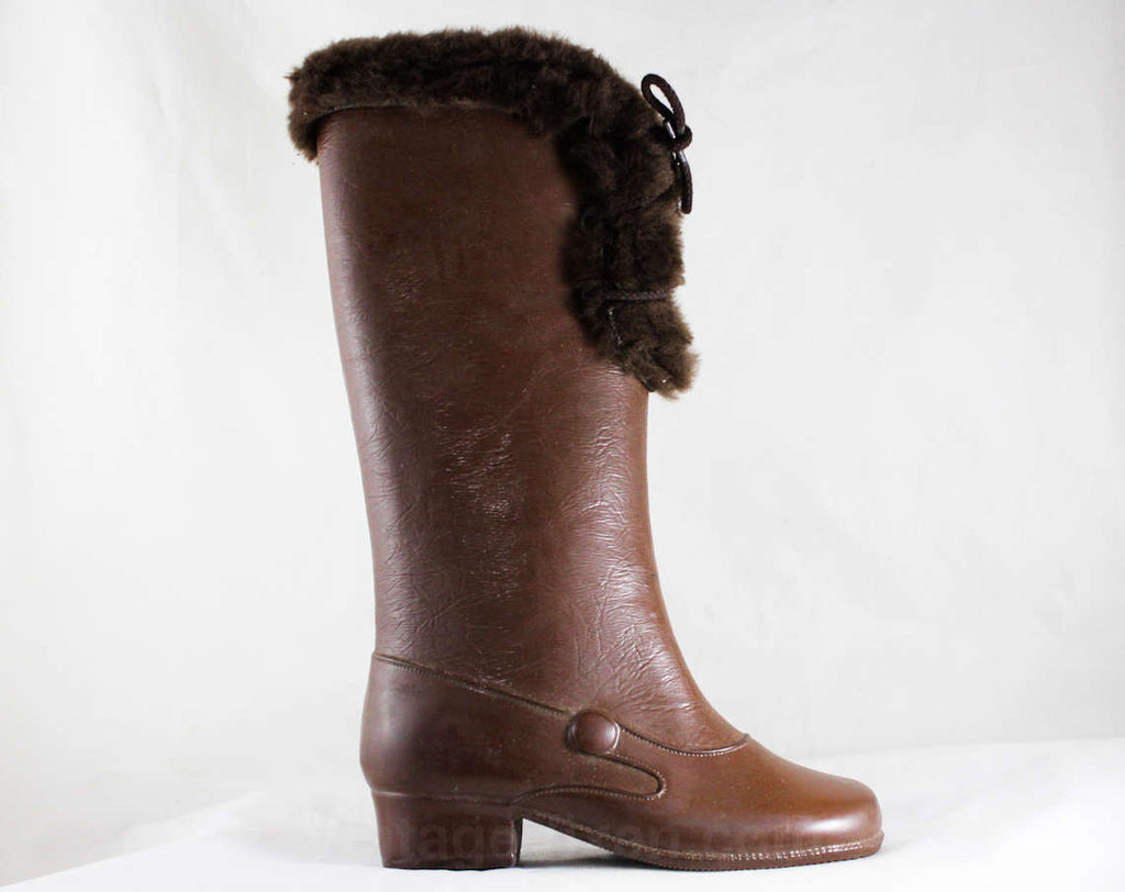 Girls Victorian Style Boots - Child Size 11 - 1950s 60s with Antique Look - Brown Faux Fur Lace Up Waterproof Rain Shoe - NOS Deadstock