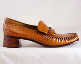 Size 7 Leather Loafers - Unworn 60s Shoes - 1960s Mod Casual Loafers - Slick Caramel Brown Textured - Kitsch Preppie 60s Deadstock - 46975-2