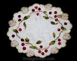 Cherries Antique Linens - Society Silk Embroidered Victorian Centerpiece - Art Nouveau Round Doily Style - Botanical Red Cherry Embroidery