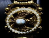 Ornate Panel Bracelet - 1950s Russian Style Crests - Mustard Plastic & Metal Crescents - Antique Style 50s 60s - Blue Gold Brown - 46055