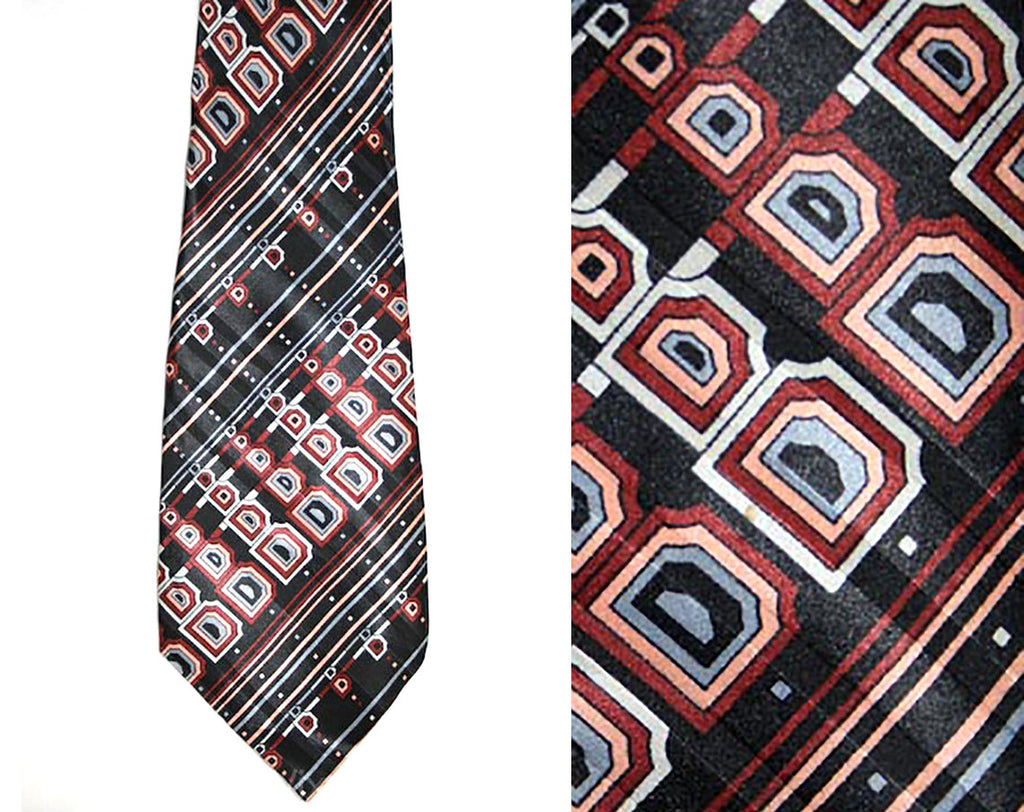 Men's Designer Tie - Sophisticated Black Perspective Print Tie by House of Carven - 80s Necktie - 1980s Silk Satin - Letter D Stripe 32732-1