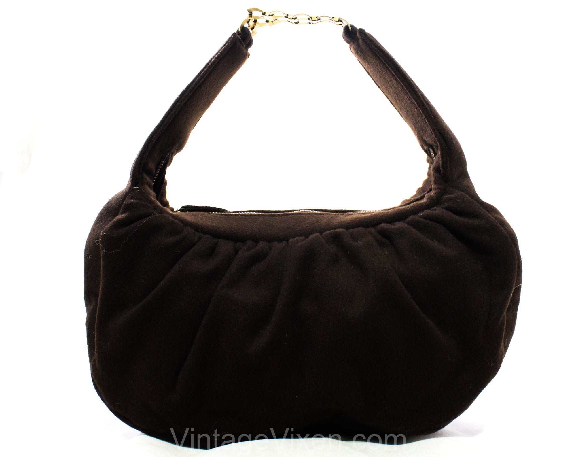 1930s 1940s Brown Purse with Bold Brass Chain Link Strap Chic