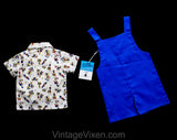 Little Gent's 1960s Overalls & Shirt Set - Size 4 Toddler Summer Outfit - Toy Soldier Boys 60s Novelty Print Red Blue - Deadstock with Tags
