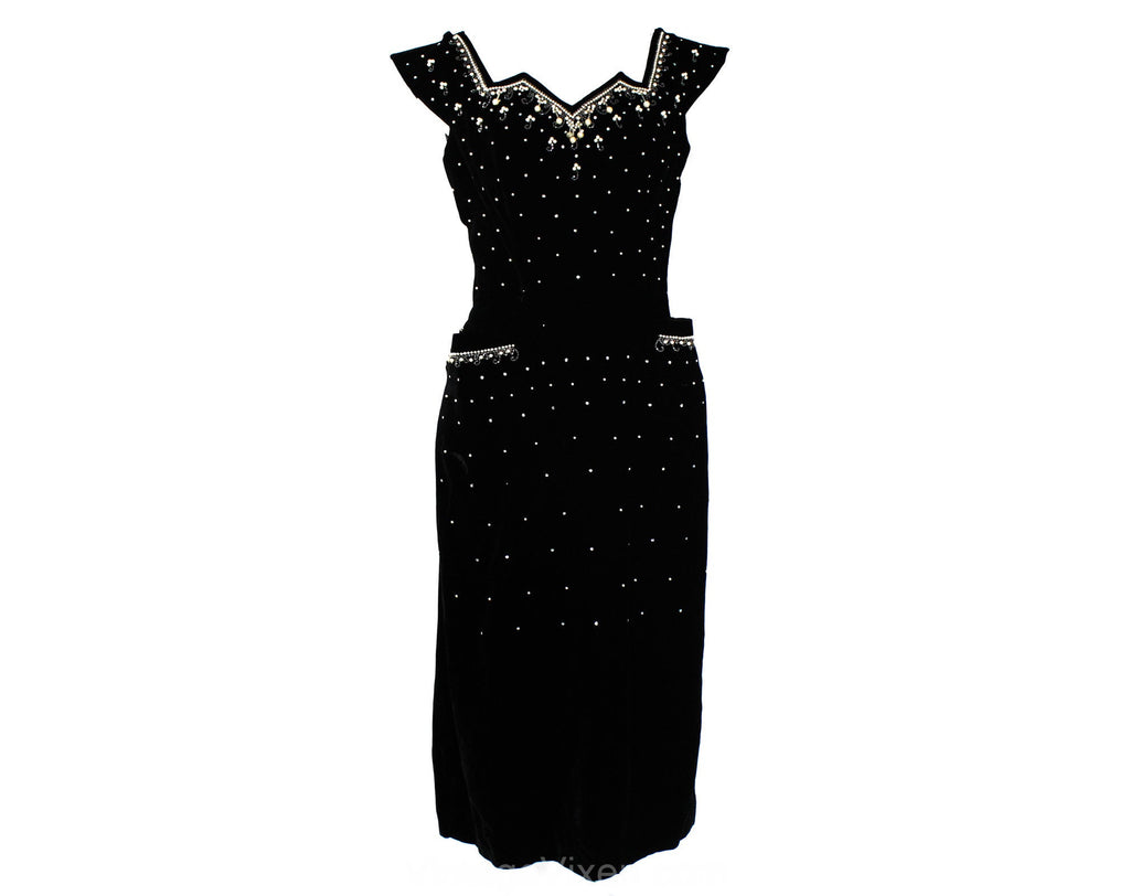Size 8 Amazing 1950s Dress - Marilyn Bombshell 50s Black Velvet Fitted Cocktail with Pearls, Rhinestones & Dangling Beading - Waist 27
