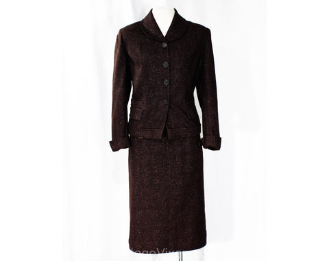 Size 2 Tweed Suit - XS Small 1950s Brown Flecked Wool Jacket & Pencil Skirt- 50s 60s Office Wear - Musical Lyre Wooden Buttons - Waist 24
