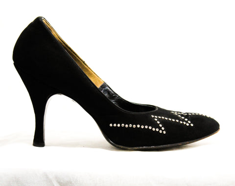 Size 6.5 Black Suede 50s Heels with Zig-Zag Rhinestones - Hollywood Style 1950s Shoes - Beverly Hills Label - Sexy Metal Studs - 6 1/2 N