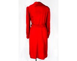 Size 12 Red Crepe Dress - Long Sleeve 70s 80s Wrap Style with Sexy Ruffle Decolletage & Original Belt - Designer Jerry Silverman - Waist 31