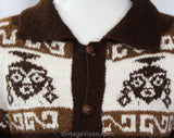 Size 6 Alpaca Cardigan - Chocolate Brown Luxury Knit Made in Bolivia - 1960s Button Front Sweater - Artisan Made Leather Buttons - Bust 34