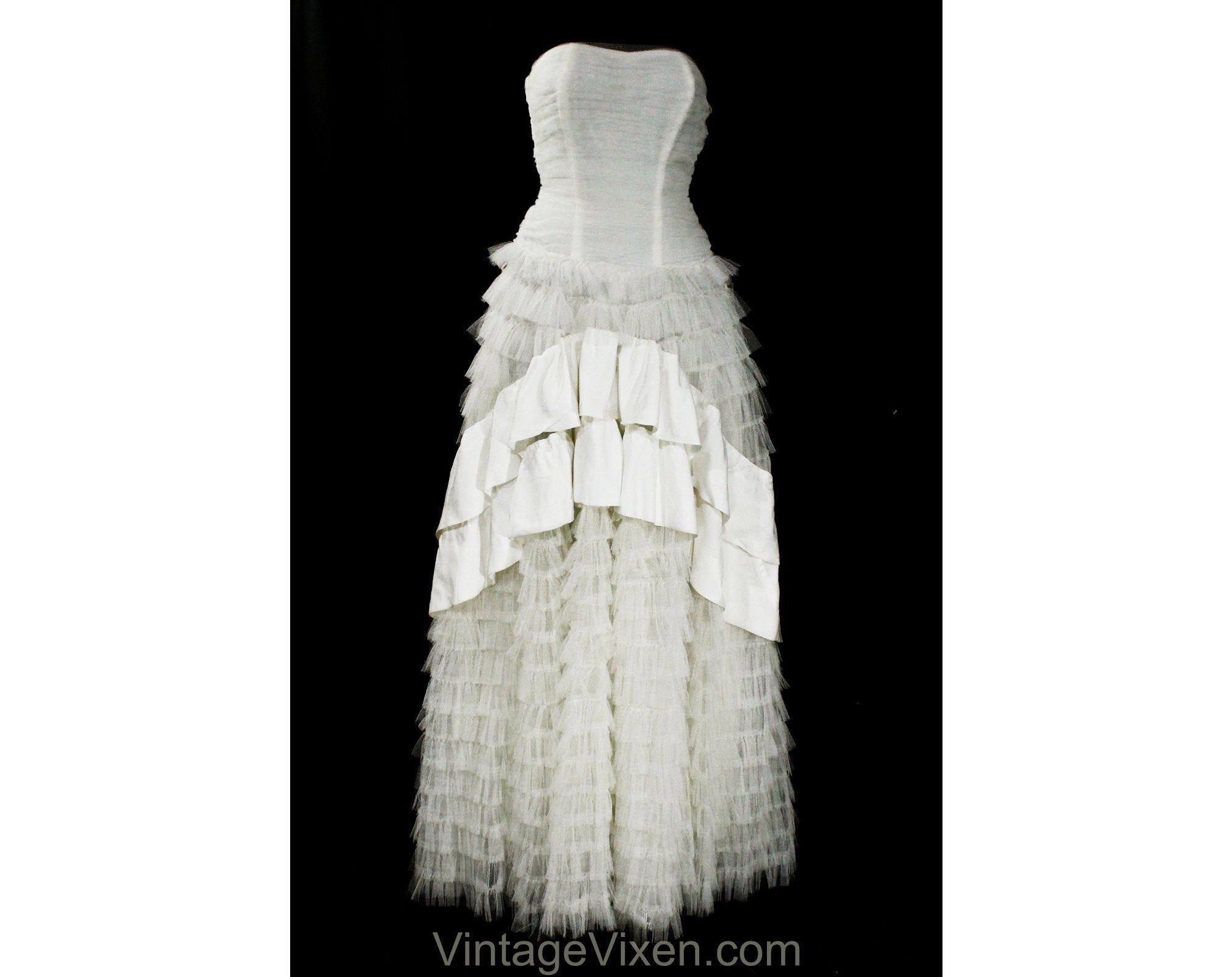 Size XXS White Prom Dress - Size 000 Evening Gown with Tiered Ruffle S Vintage Vixen Clothing Size XXS White Prom Dress - Size 000 Evening Gown with Tiered Ruffle S Vintage Vixen Clothing