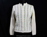 Size 12 Cream Wool Cardigan with Pastel Flowers - 60s Large Button Front Sweater - Ivory Ecru Cable Knit - Pink Yellow Green Blue Embroidery