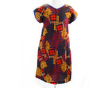 Size XL 60s Dress - Red Patchwork Print Cotton House Dress - Size 16 Summer Zip Front 1960s Sheath - Blue Brown Yellow Plaid - Bust 42.5